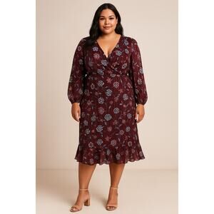 Rachel Roy 18W Burgundy Floral Metallic Wrap Midi Dress Long Sleeve Plus